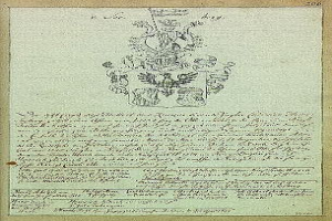 Ein altes Dokument mit einem Wappen, das als Geburts- und Taufregister des Kaisers Wilhelm II. von Deutschland gilt, mit Text und Logo oben.