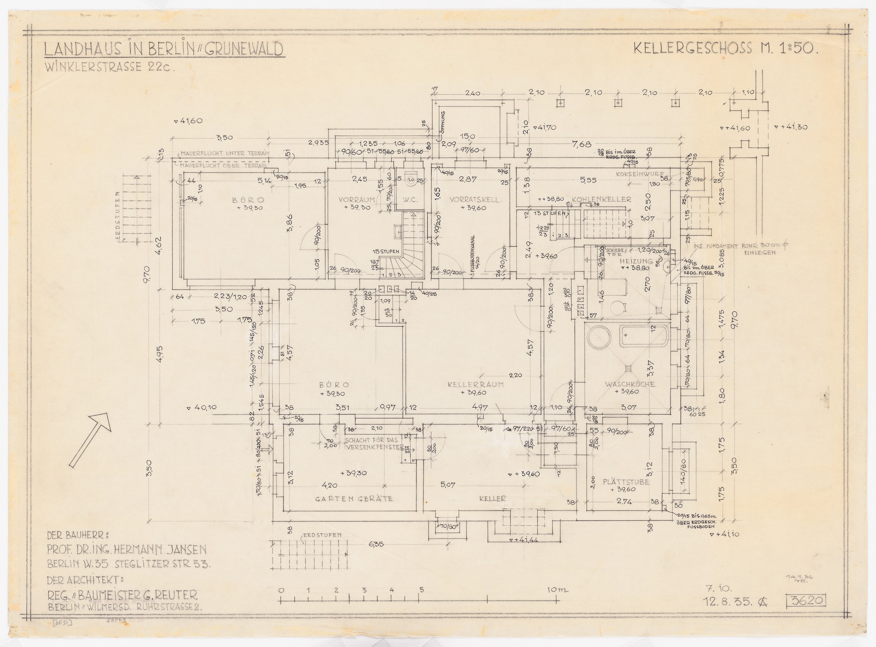 EinBlueprint eines Hauses mit der Aufschrift "Landhaus in Berlin", das auf einem Blatt Papier liegt und mit architektonischen Details versehen ist.