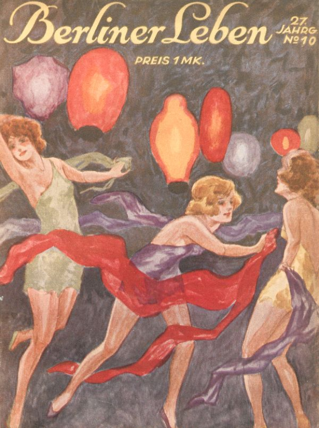 Ein Magazin-Cover mit einem Bild von drei Frauen in bunten Kleidern, die mit ausgestreckten Armen tanzen und von farbigen Ballons umgeben sind, mit dem Text 'Berliner Leben'