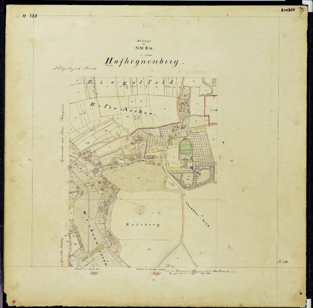 Schwarz-weiß-Karte von Hofhegenberg, Deutschland, umrandet in schwarz, zeigt Straßen, Gebäude und Sehenswürdigkeiten.