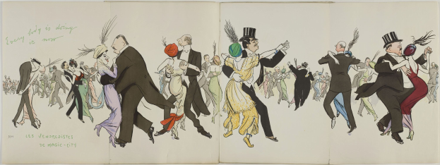 Offenes Buch mit einer bunten Illustration von tanzenden Menschen in farbenfrohen Kostümen, betitelt "Les Vendredières de Magic City", vor einem hellblauen Himmel mit weißen Wolken.