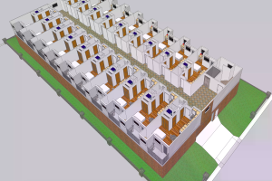 Ein 3D-Modell eines Mehrraumgebäudes, das dessen architektonisches Design und Layout veranschaulicht.