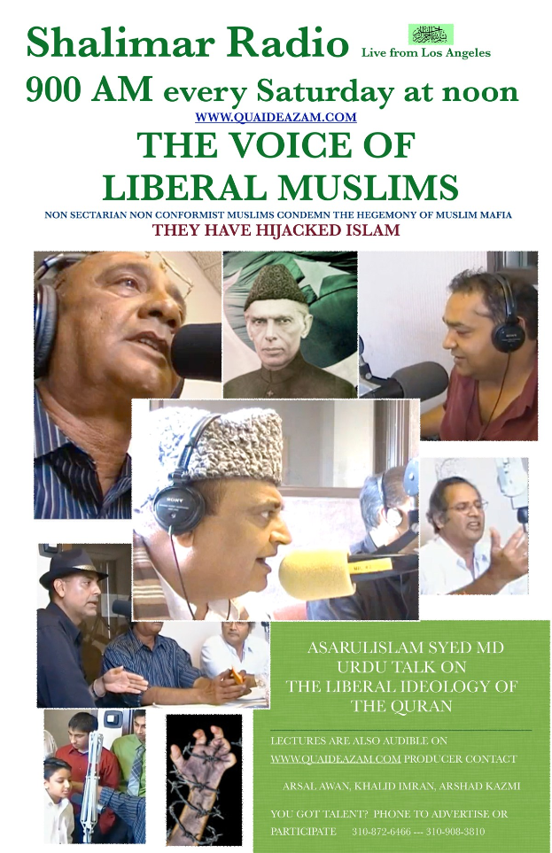 Plakat für den Radiosender "Die Stimme der liberalen Muslime" mit Bildern von Menschen mit Headsets und Mikrofonen in einem Gespräch.