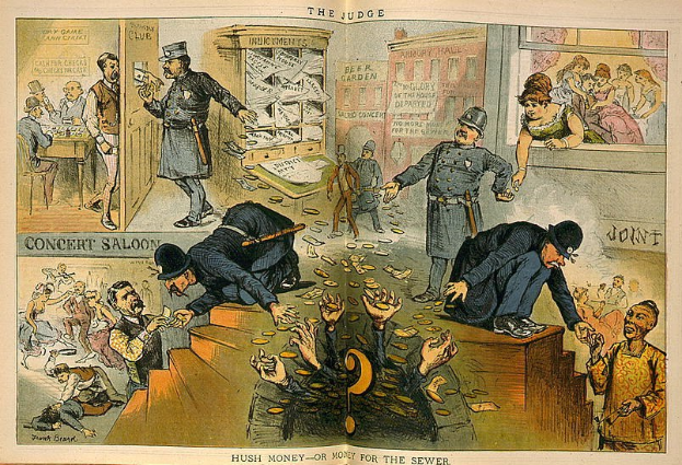 Cartoon-Gerichtsszene mit einem Richter in Anzug und Hut, der einen Stock und ein Buch hält, umgeben von stehenden und sitzenden Menschen, mit verstreuten Papieren, auf denen "Schweigegeld oder Geld für die Kanalisation" steht.