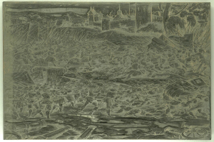 Schwarzes und weißes chaotisches Bild mit aufgeregten Menschen, die laufen, hohen Gebäuden im Hintergrund, verstreuten Gegenständen und Text unten.