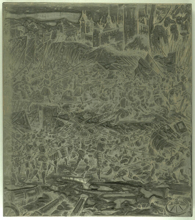 Schwarzes und weißes chaotisches Bild mit aufgeregten Menschen, die laufen, hohen Gebäuden im Hintergrund, verstreuten Gegenständen und Text unten.