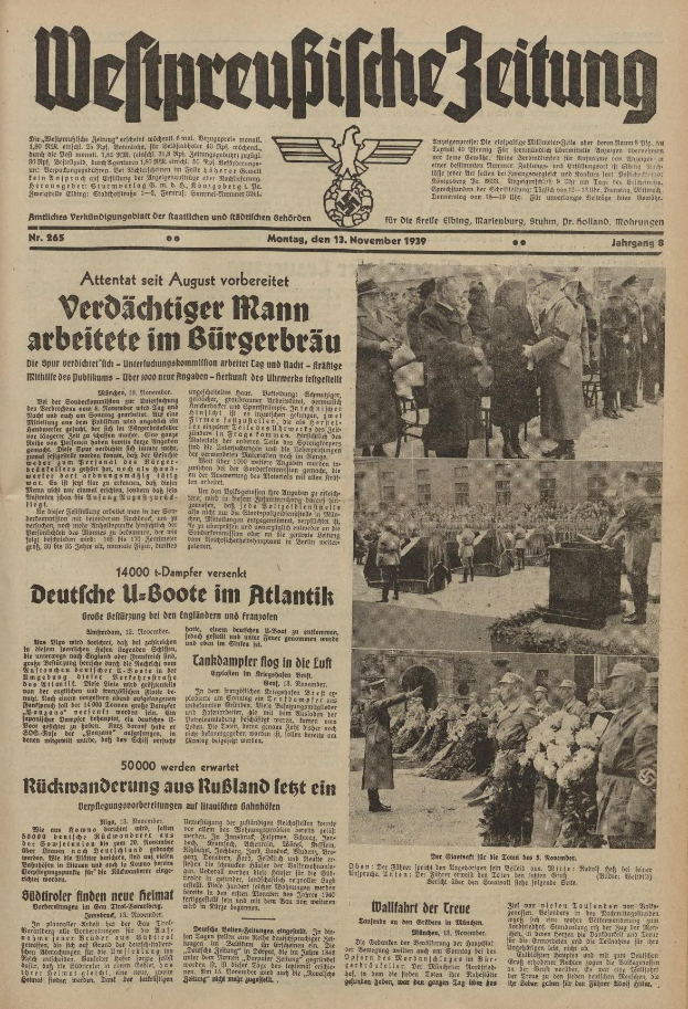 Schwarze und weiße Titelseite einer deutschen Zeitung vom 13. November 1939 mit der Schlagzeile 'Weitpreubliche Zeitung' und einem Foto von Menschen in traditioneller deutscher Tracht in einer feierlichen Umgebung.