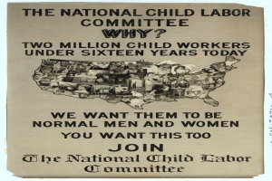 Plakat mit der Aufschrift "Das Nationale Komitee gegen Kinderarbeit: Warum? Zweieinhalb Millionen Kinderarbeiter unter sechzehn Jahren heute" mit einer USA-Karte und mehreren menschlichen Figuren, die Komiteemitglieder darstellen.