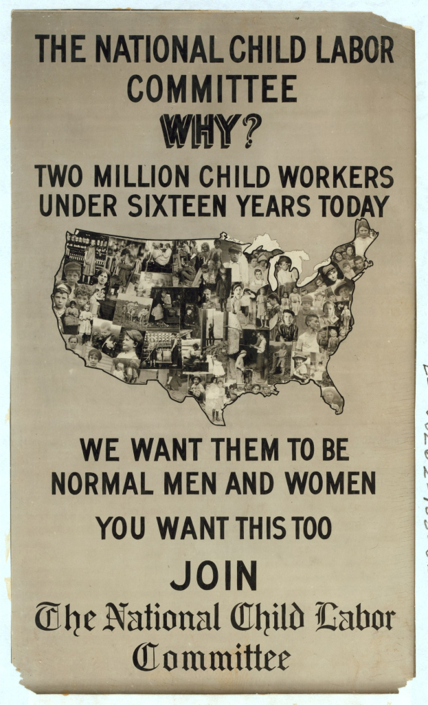 Plakat mit der Aufschrift "Das Nationale Komitee gegen Kinderarbeit: Warum? Zweieinhalb Millionen Kinderarbeiter unter sechzehn Jahren heute" mit einer USA-Karte und mehreren menschlichen Figuren, die Komiteemitglieder darstellen.