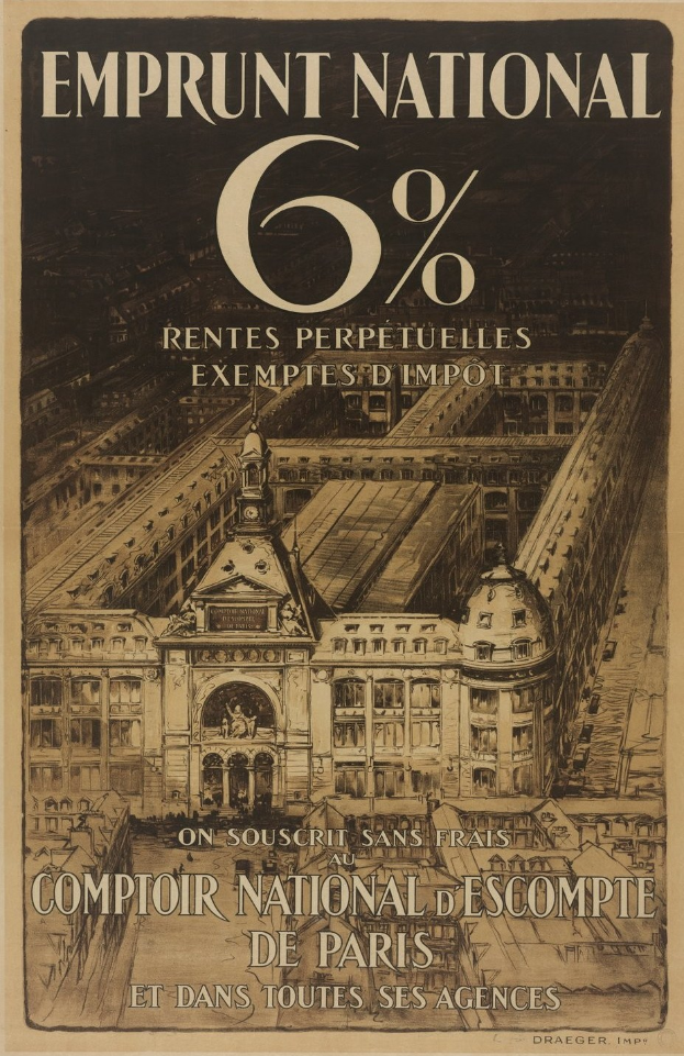 Plakat mit einem zweistöckigen weißen Gebäude mit rotem Dach, das einen 6%igen Nationalkredit mit steuerfreien Ewigen Renten in fetter schwarzer Schrift auf einem hellblauen Hintergrund bewirbt.