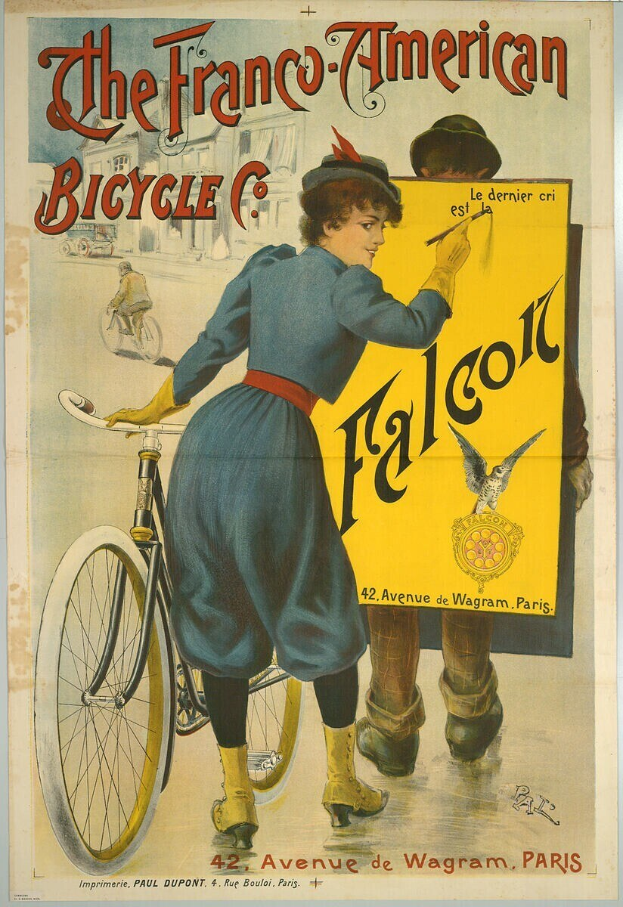 Plakat für die Franco-Amerikanische Fahrrad Co., das eine Frau neben einem Fahrrad mit Werbetext zeigt.