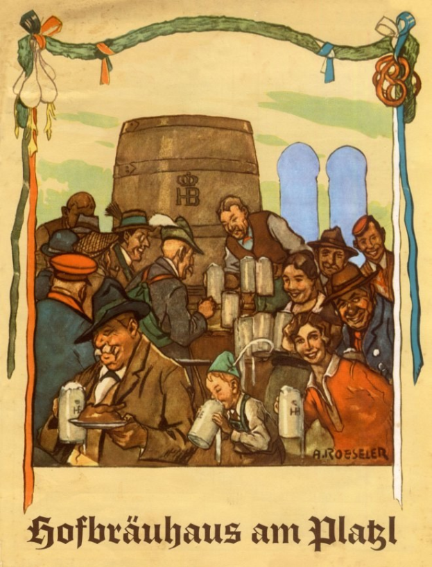 Plakat, das ein Bierfest in Deutschland ankündigt, mit Menschen, die Biergläser halten und einem Fass im Hintergrund, mit deutschem Text unten.
