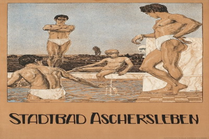 Plakat für ein Schwimmbad in Aschersleben, Deutschland, das Menschen im Wasser zeigt, darunter eine sitzende Person und Text mit Details zum Schwimmbad.