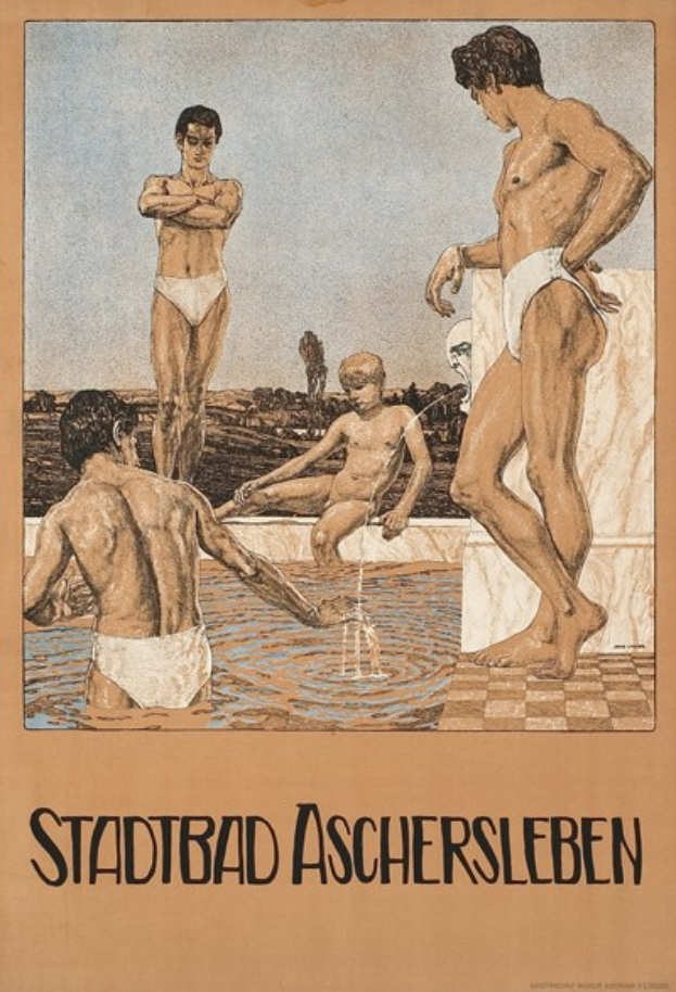 Plakat für ein Schwimmbad in Aschersleben, Deutschland, das Menschen im Wasser zeigt, darunter eine sitzende Person und Text mit Details zum Schwimmbad.