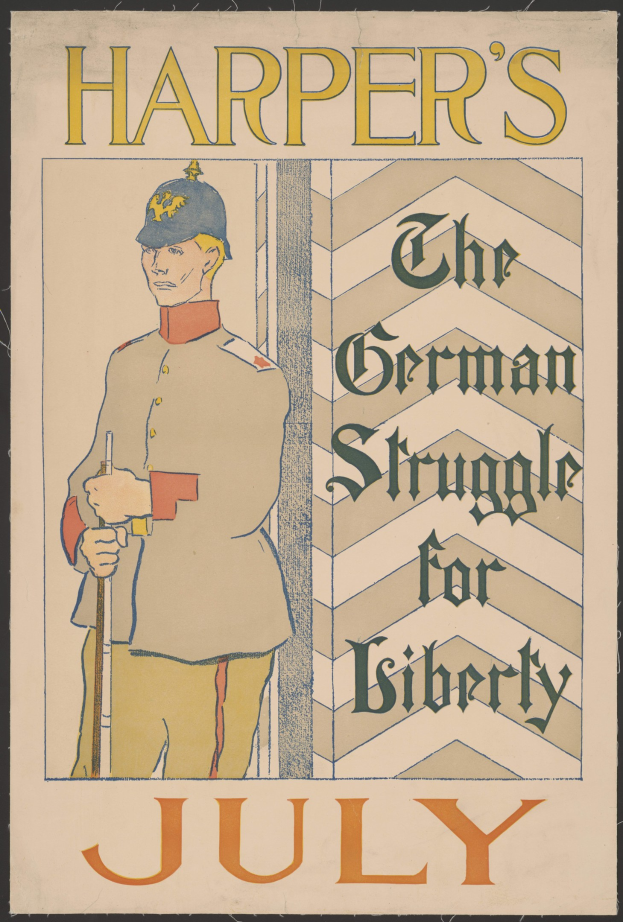 Plakat mit dem Titel "Harper's: Der deutsche Kampf um Freiheit Juli", das eine Person in militärischer Uniform mit entschlossener Miene zeigt, vor einem hellblauen Hintergrund mit fetter schwarzer Schrift in einem weißen Rand.