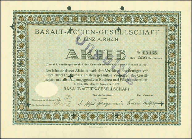 Rahmung alter Aktienbrief der Basalt-Actien-Gesellschaft in Linz, Deutschland, mit gedrucktem und handgeschriebenem Text.