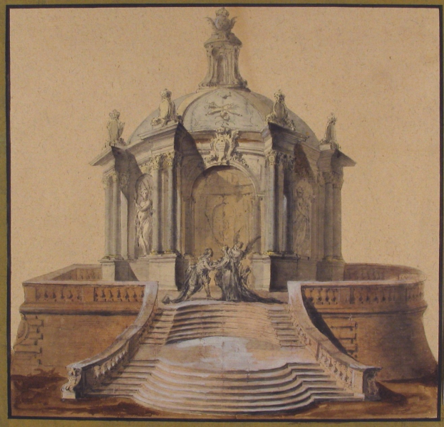 Zeichnung einer klassizistischen Brunnenanlage mit einer Statue darauf, eingerahmt in einem Photo-Rahmen, umgeben von Treppen und zusätzlichen Skulpturen.