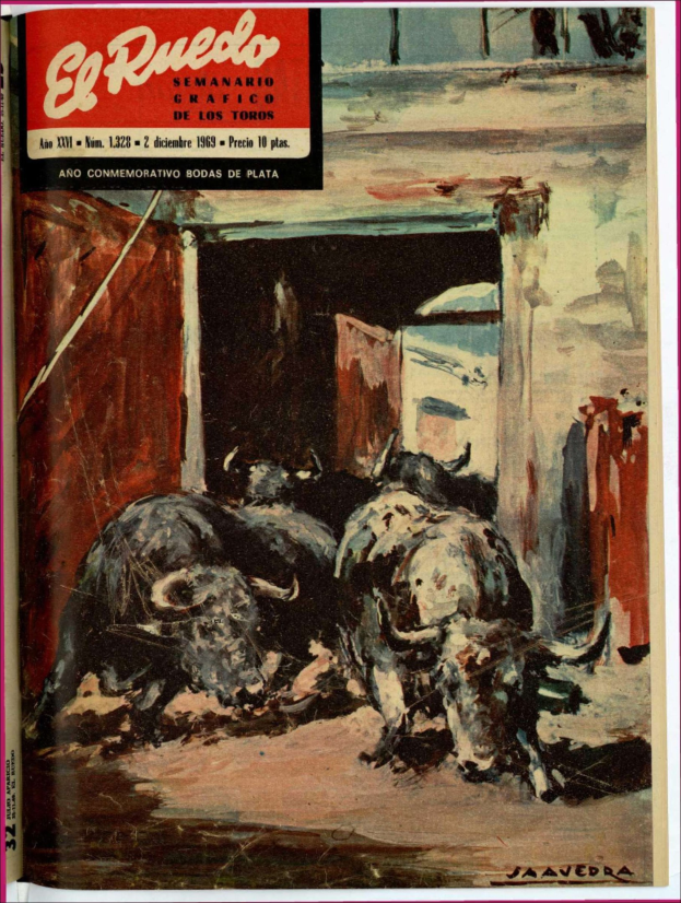 Buchumschlag mit einem Bild eines Stiers in einem Stall, mit einigen Tieren im Vordergrund, einer Wand und einer Tür im Hintergrund und Text öber dem Bild.