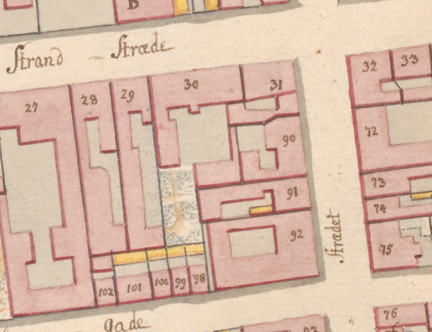Alte detaillierte Karte von Strand, Deutschland, mit Straßen, Gebäuden und anderen Merkmalen.