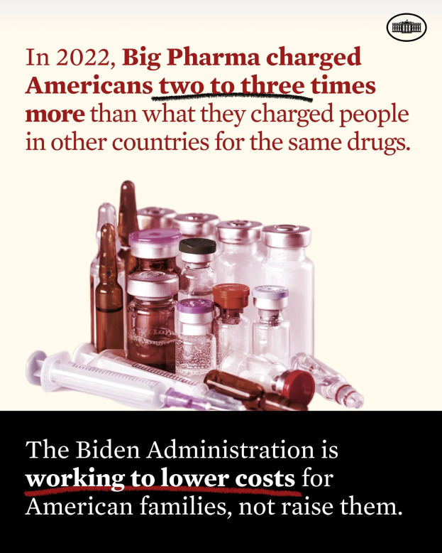 Ein Plakat, das zeigt, dass Big Pharma 2022 Amerikanern zwei bis drei Mal so viel für dieselben Medikamente berechnet hat wie in anderen Ländern, mit Bildern von Medikamentenflaschen und einer Spritze darunter.