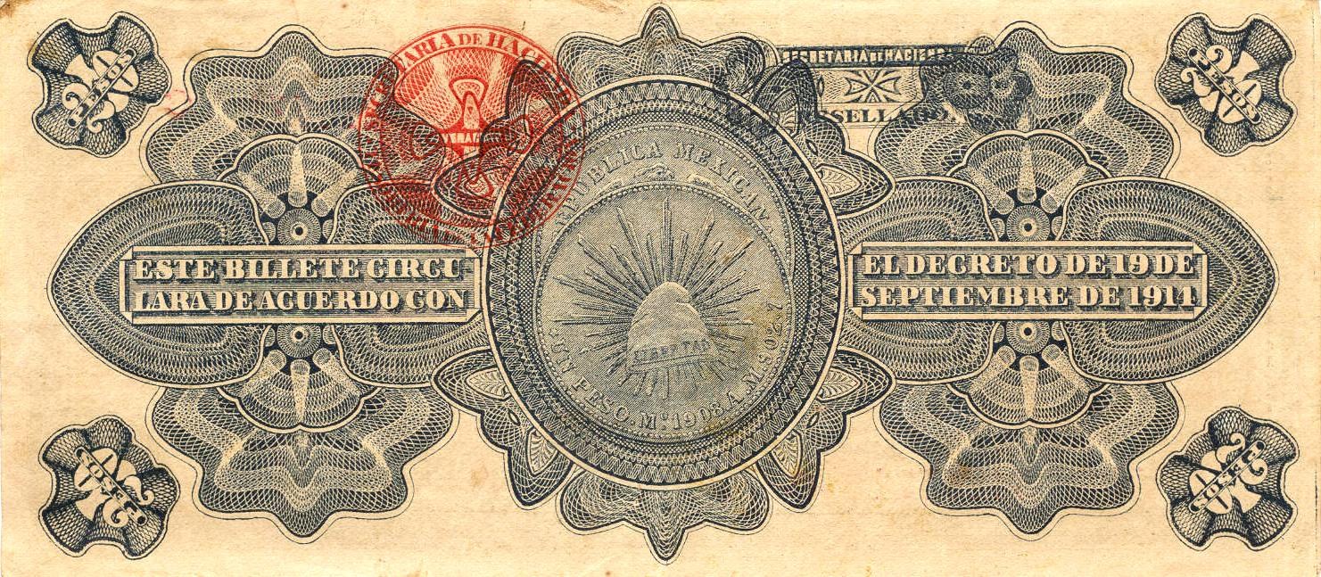 Alte mexikanische Banknote von 1911 mit rotem Stempel, zeigt ein Männerporträt, Text und Gestaltungselemente.