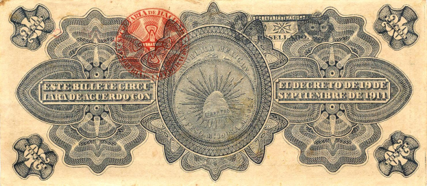 Alte mexikanische Banknote von 1911 mit rotem Stempel, zeigt ein Männerporträt, Text und Gestaltungselemente.