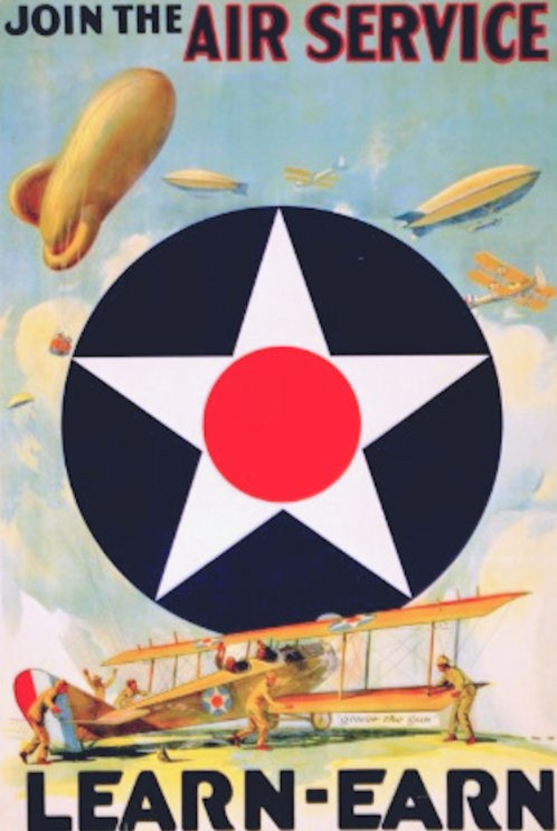 Plakat mit "Tritt der Air Service bei - Lerne-Verdiene" oben, mit Flugzeugen und Menschen im Hintergrund.