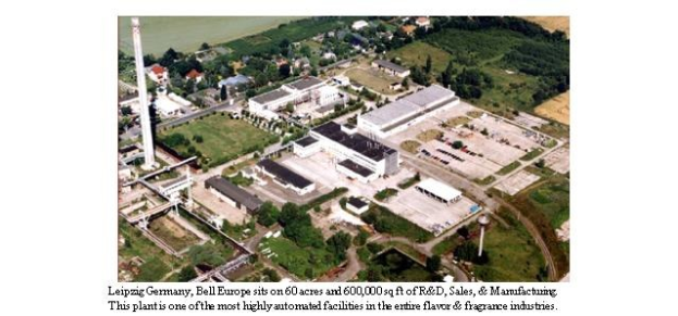 Luftaufnahme eines großen Industriegebiets in Leipzig, Deutschland, mit dem Schild "Bell Europe", das Gebäude, Bäume, Straßen und Infrastruktur zeigt.
