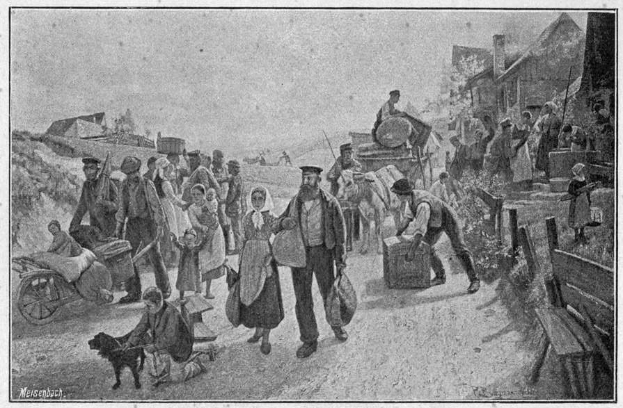 Eine Gruppe von Menschen, einige mit Taschen, geht einen Schotterweg entlang mit einem Hund und einem von Pferden gezogenen Wagen, im Hintergrund sind Häuser und ein klarer Himmel zu sehen; der Text unten lautet "Deutsche Flüchtlinge in Deutschland".