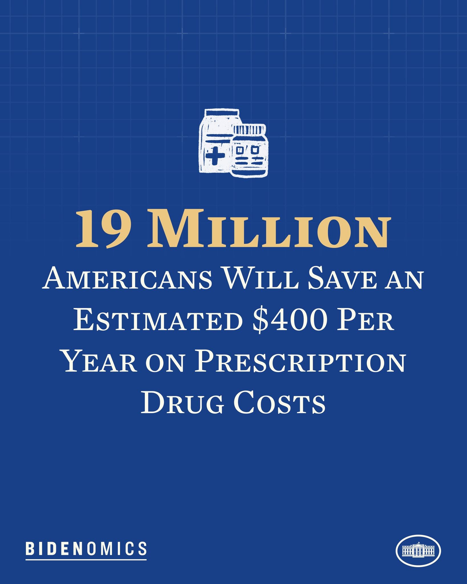 Blauer Hintergrund mit weißer Schrift und Logo, das besagt: "19 Millionen Amerikaner werden geschätzt 400 USD pro Jahr an Arzneikosten sparen."