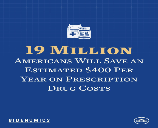 Blauer Hintergrund mit weißer Schrift und Logo, das besagt: "19 Millionen Amerikaner werden geschätzt 400 USD pro Jahr an Arzneikosten sparen."