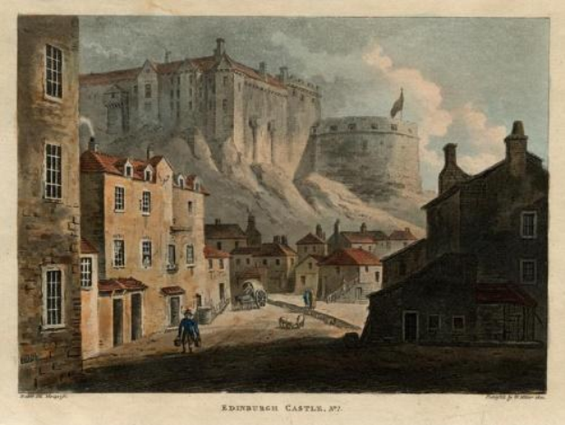 Malen von Edinburgh Castle mit Gebäuden, Fenstern, Menschen, Karren und einer Fahne im Vordergrund, Wolken am Himmel und Text unten.