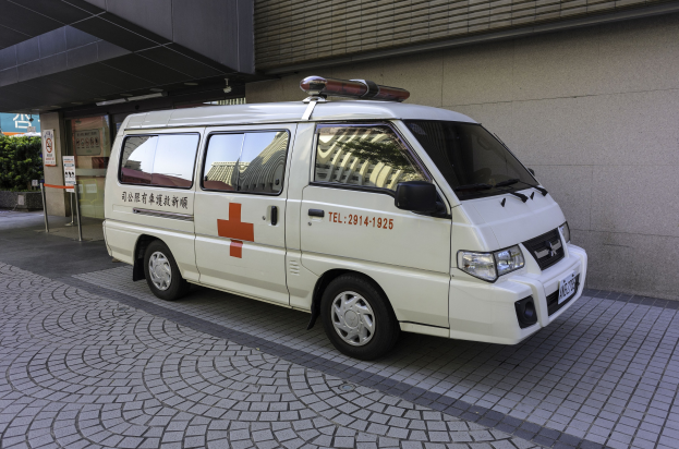 Ambulanz vor einem Gebäude mit einem Notfall-Schild geparkt, umgeben von Bäumen und Pflanzen.