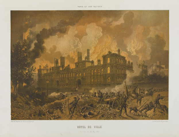 Chaotische Straßenszene auf dem Hotel de Ville in Paris während der Französischen Revolution, mit Menschen, Pferden, Karren, Gebäuden, Bäumen, Rauch und französischer Text unten.