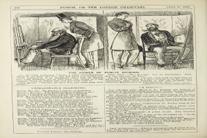 Altes Buchcover mit einer Zeichnung eines Mannes in einem Stuhl und einer Frau daneben, betitelt "Die Macht der öffentlichen Meinung."