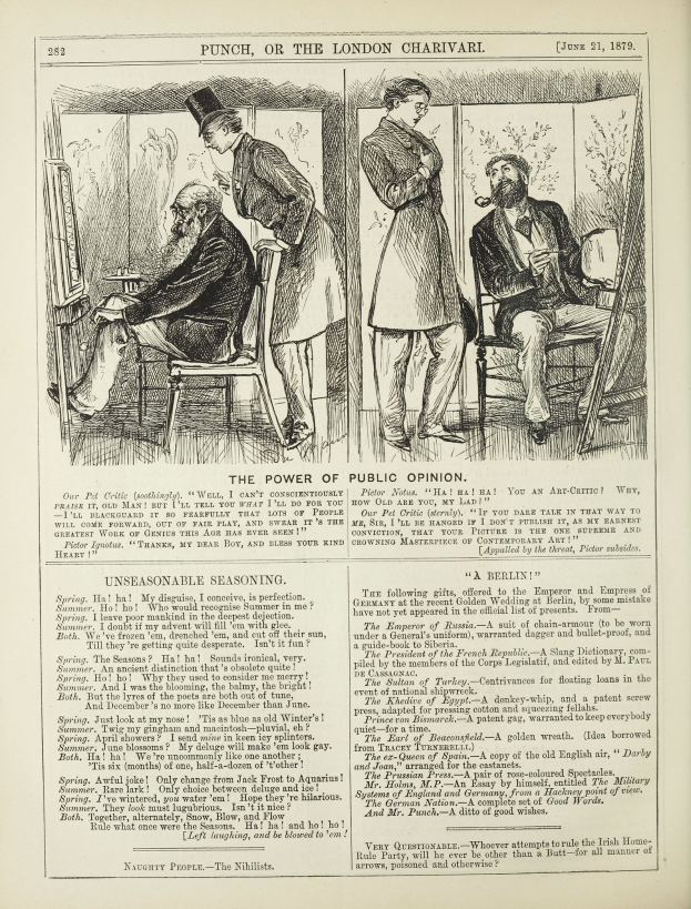 Altes Buchcover mit einer Zeichnung eines Mannes in einem Stuhl und einer Frau daneben, betitelt "Die Macht der öffentlichen Meinung."