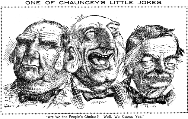 Plakat mit dem Titel "Einer von Chaunceys kleinen Witzen" mit drei lachenden Cartoon-Figuren.