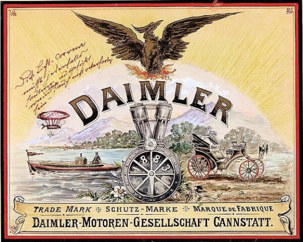 Plakat mit einem Pferdewagen, einem Boot auf dem Wasser, Bäumen, Bergen, einem Adler und dem Text "daimler motor-motoren-gesellschaft cannstatt".