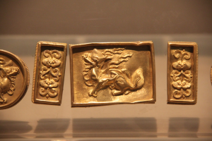 Ein Vitrine mit verschiedenen goldenen Münzen mit detaillierten Designs, die das Licht reflektieren.