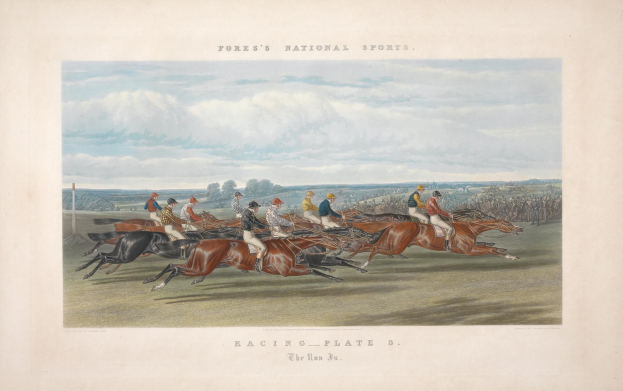 Gemälde von Pferderennern auf einer Rennbahn mit Bäumen und Wolken im Hintergrund, unten mit 'Racing Plate 3: The Run 3' beschriftet.