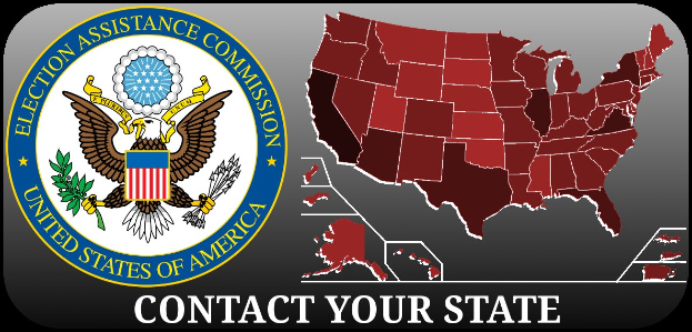 Logo der US-Wahlhilfekommission mit einem Schild mit blauem Hintergrund, einem weißen Stern und der Schrift "Kontaktieren Sie Ihren Bundesstaat" in fetter schwarzer Schrift darüber einer Karte der USA, mit "Wahlhilfekommission" darunter.