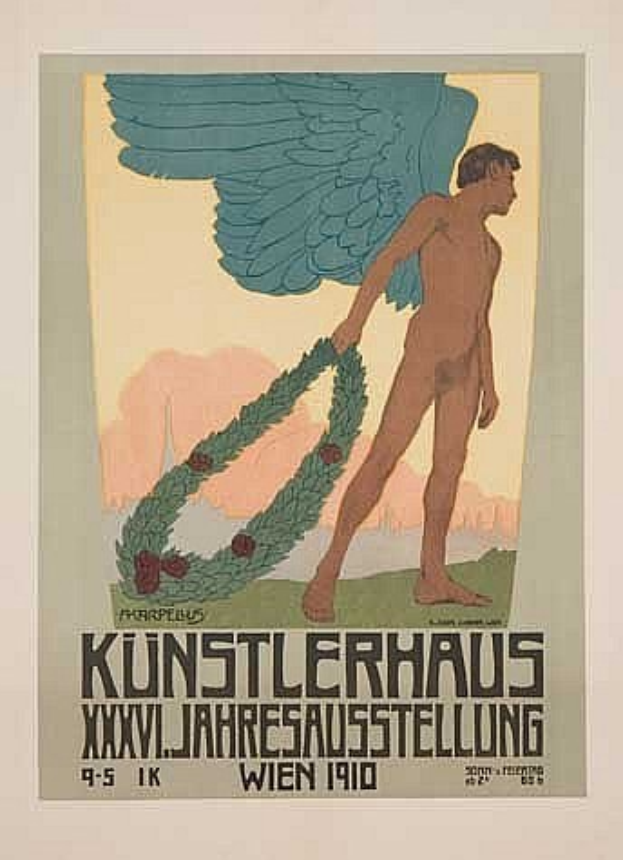 Deutsches Propagandaplakat aus dem Jahr 1910 mit einem geflügelten Mann in heroischer Pose, der einen Kranz hält, und der großen Schrift "Künstlerhaus Wien 1910" oben.