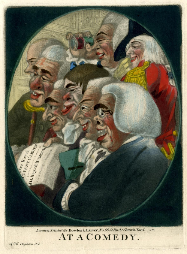 Gruppe von Menschen, die in einem Kreis lachen, einer hält ein Blatt Papier in der Hand, mit dem Text 'Bei einer Comedy' unten.