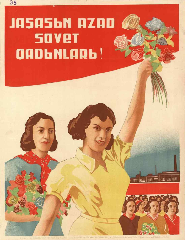 Sowjetisches Propagandaplakat zum Frauentag, das eine Frau mit Blumen zeigt, umgeben von Menschen und einem Gebäude, mit der Aufschrift "Frauentag".