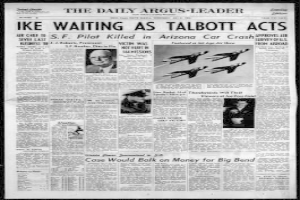 Zeitungstitelseite mit schwarzem Hintergrund, Headline "Ike Waiting as Talbott Acts", mit Bildern von Menschen und Flugzeugen.