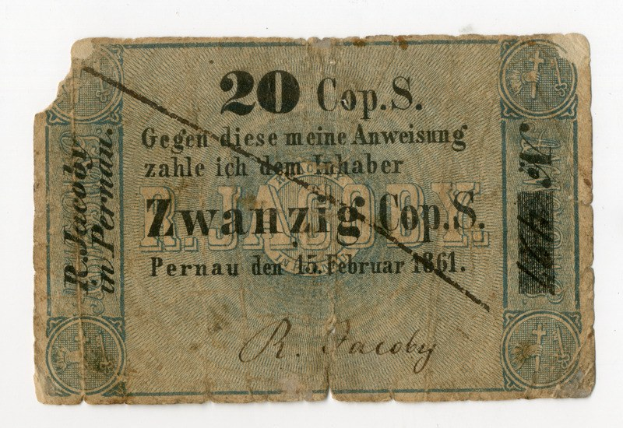 Alte deutsche 20-Mark-Banknote von 1861 mit Text und Zahlen auf altem Papier vor einem weißen Hintergrund.