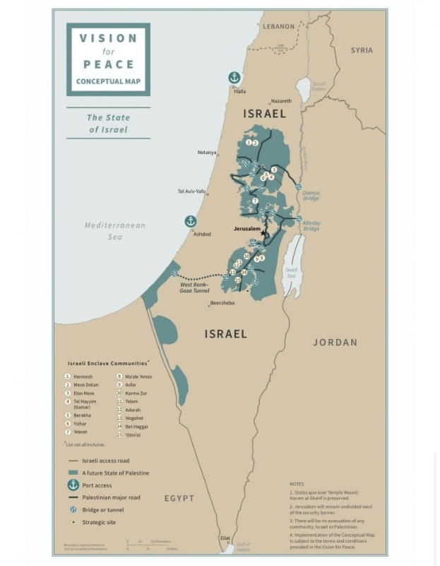 Plakat mit der Aufschrift "Vision für Friedenskonzeptkarte" mit einer farbcodierten Karte Israels in fetter schwarzer Schrift.
