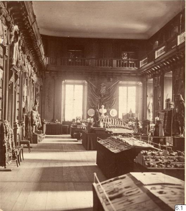 Ein altes Schwarz-Weiß-Foto eines Raumes voller Tische, Stühle, Skulpturen an den Wänden, Fenstern, Vorhängen, Geländern und anderen Gegenständen, mit dem Text "The Museum of Fine Arts, London" unten.