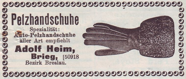 Alte deutsche Visitenkarte mit einer Abbildung von einem Paar Handschuhen und gedrucktem Text.
