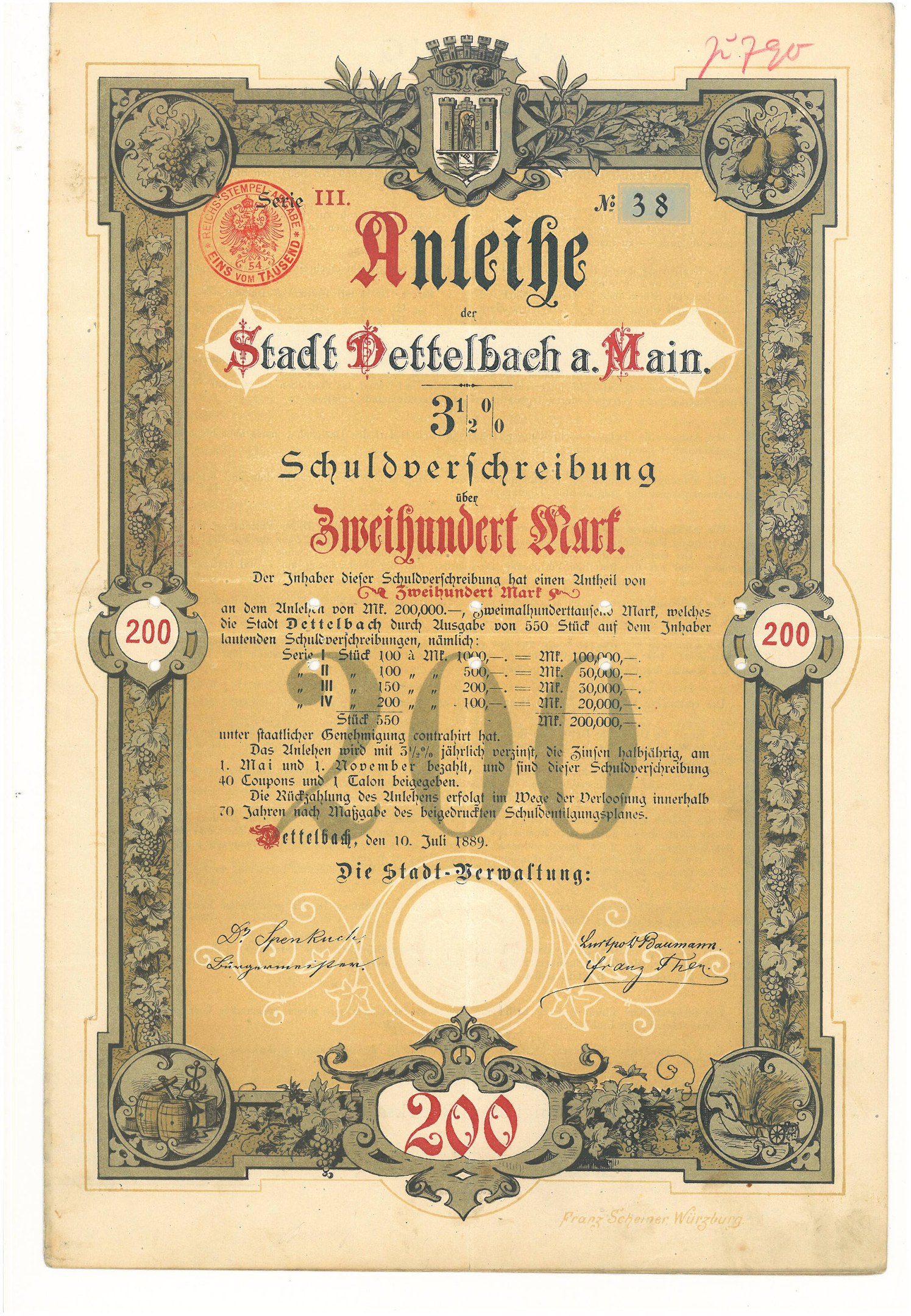 Altes deutsches Aktienzertifikat mit Porträt eines Mannes und gedrucktem Text sowie numerischen Werten, die die Aktiendetails angeben.